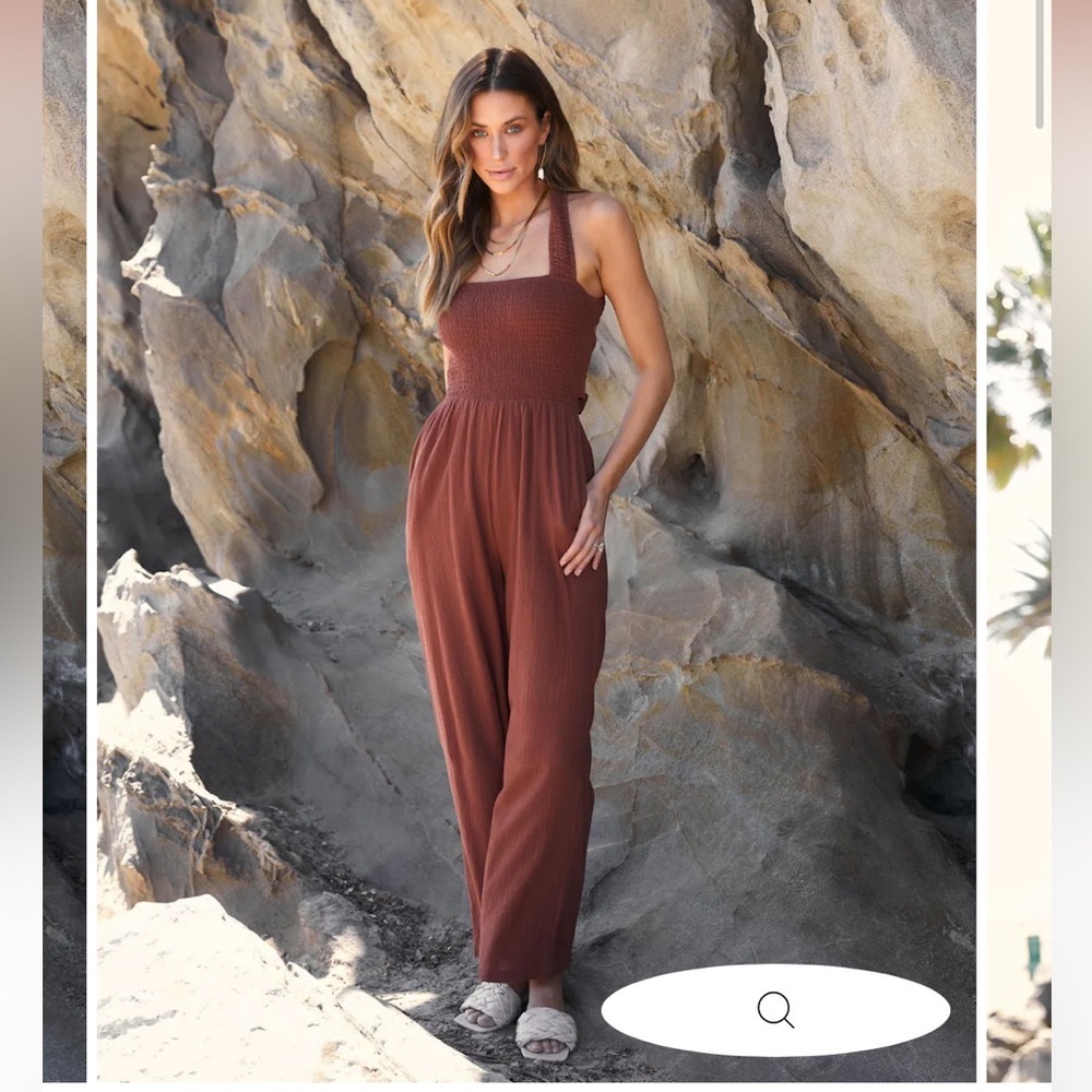 Vici Shore Vacays Cotton Smocked Pocketed Back Tie Jumpsuit